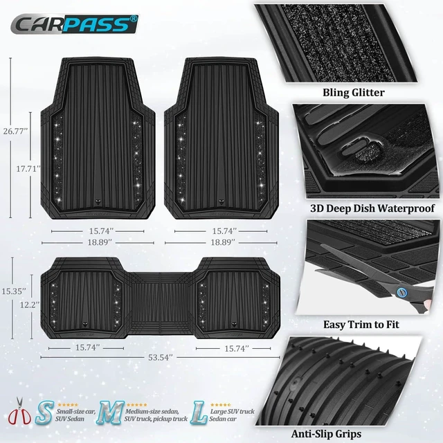 Alt view image 3 of 7 - Bling Glitter Car Floor Mats Heavy Rubber Deep Water Proof, Black