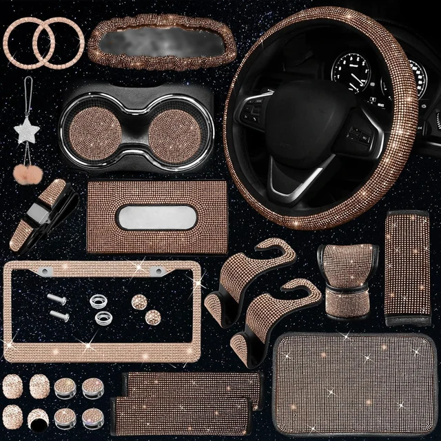 Main image of 25PCS Bling Car Car Accessories Set,15 Inch Steering Wheel Cover,Shiny License Plate Frame,Center Console Cover and Rearview Mirror Set and Other Car Accessories(Champ)