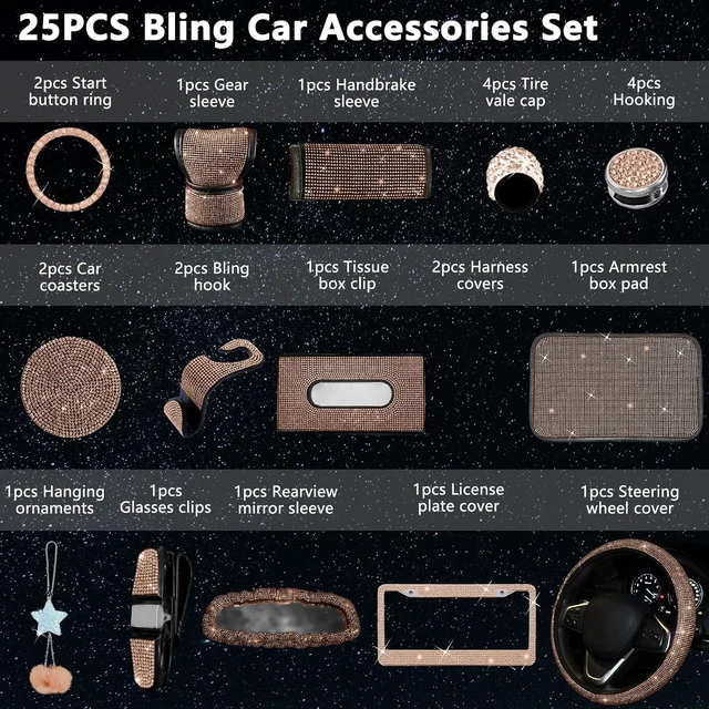 Alt view image 2 of 6 - 25PCS Bling Car Car Accessories Set,15 Inch Steering Wheel Cover,Shiny License Plate Frame,Center Console Cover and Rearview Mirror Set and Other Car Accessories(Champ)