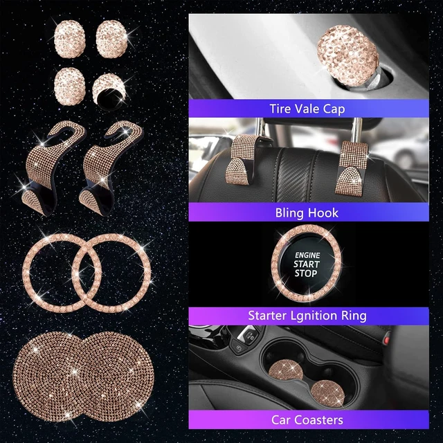 Alt view image 4 of 6 - 25PCS Bling Car Car Accessories Set,15 Inch Steering Wheel Cover,Shiny License Plate Frame,Center Console Cover and Rearview Mirror Set and Other Car Accessories(Champ)