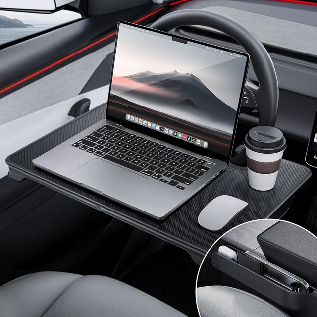 Main image of 2-in-1 Car Steering Wheel Desk Tray & Car Seat Gap Filler Organizer Foldable Carbon Fiber Look Table for Laptop, Eating Food, Writing for Standard Round Steering Wheels