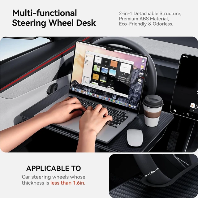 Alt view image 5 of 7 - 2-in-1 Car Steering Wheel Desk Tray & Car Seat Gap Filler Organizer Foldable Carbon Fiber Look Table for Laptop, Eating Food, Writing for Standard Round Steering Wheels
