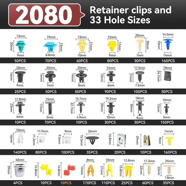 Alt view image 2 of 7 - 2080PCS Auto Retainer Clips Kit with Fastener Plier, Trim Removal Tools and 3-Layer Organizer Box, 33 Most Common Push Rivets for Car Bumper, Fender, Door Panel and Interior Repair