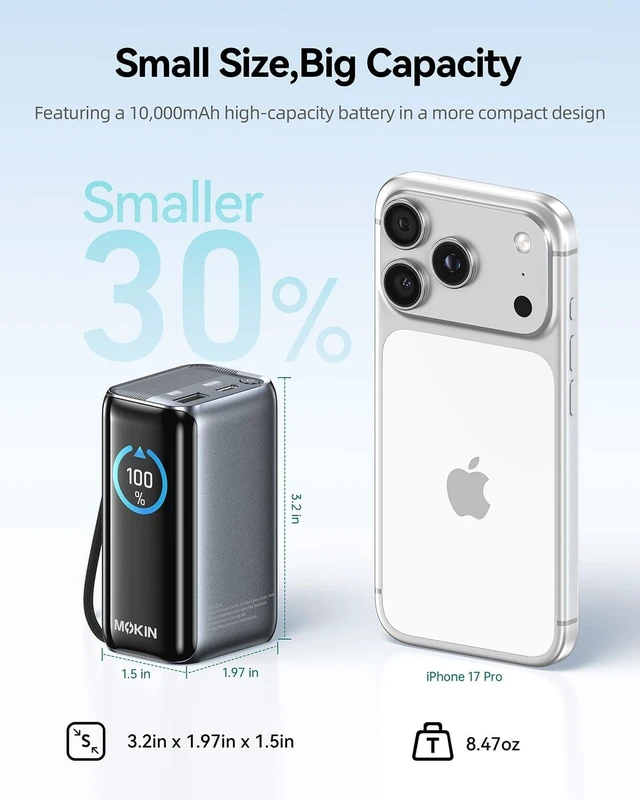 Alt view image 2 of 7 - Portable Charger 10000mAh, 45W PD Power Bank with Built-in Retractable USB-C Cable, Smart Display Battery Pack, Airline Travel Compliant Charger for iPhone 17/16/15, Galaxy, iPad & More