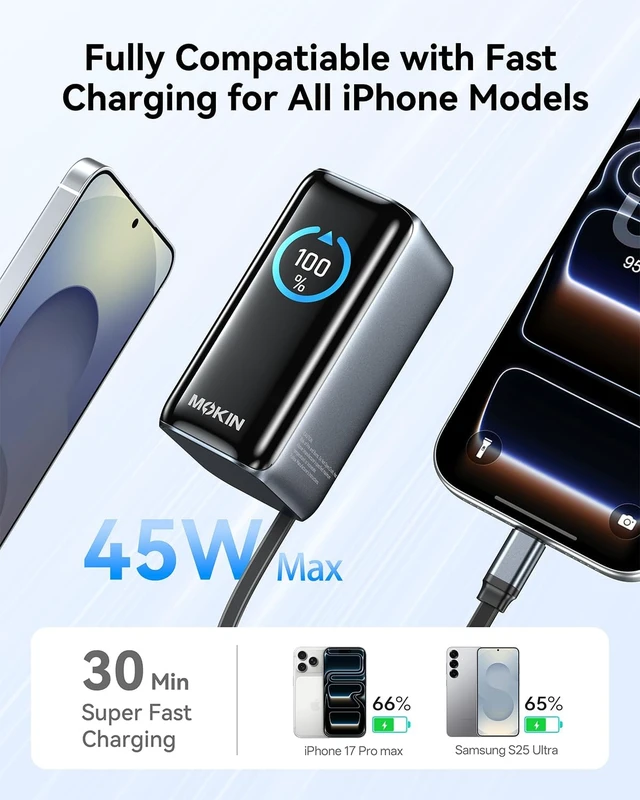 Alt view image 3 of 7 - Portable Charger 10000mAh, 45W PD Power Bank with Built-in Retractable USB-C Cable, Smart Display Battery Pack, Airline Travel Compliant Charger for iPhone 17/16/15, Galaxy, iPad & More