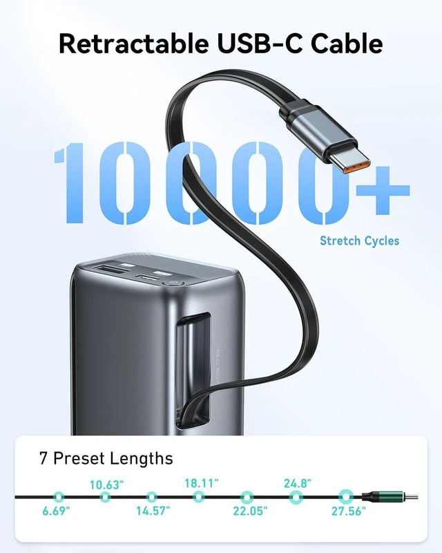 Alt view image 5 of 7 - Portable Charger 10000mAh, 45W PD Power Bank with Built-in Retractable USB-C Cable, Smart Display Battery Pack, Airline Travel Compliant Charger for iPhone 17/16/15, Galaxy, iPad & More