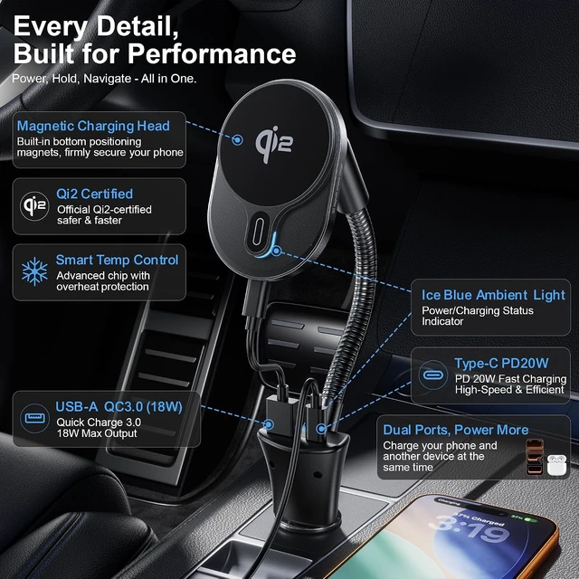 Alt view image 3 of 7 - Qi2 15W Magnetic Car Charger, PD20W & QC18W Ports, Strong Hold for iPhone
