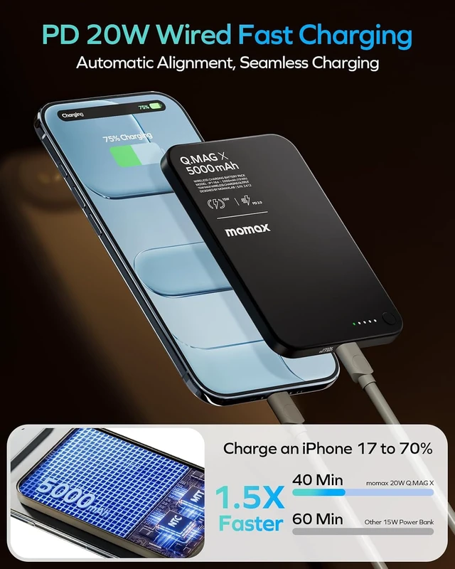 Alt view image 7 of 7 - Magnetic Wireless Power Bank, 5000mAh Slim 0.3" Portable Charger
