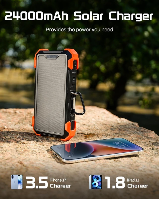 Alt view image 2 of 7 - Solar Power Bank 24000mAh, Portable Charger with 4 Built-in Cables