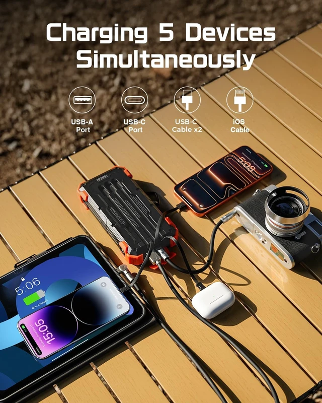 Alt view image 3 of 7 - Solar Power Bank 24000mAh, Portable Charger with 4 Built-in Cables