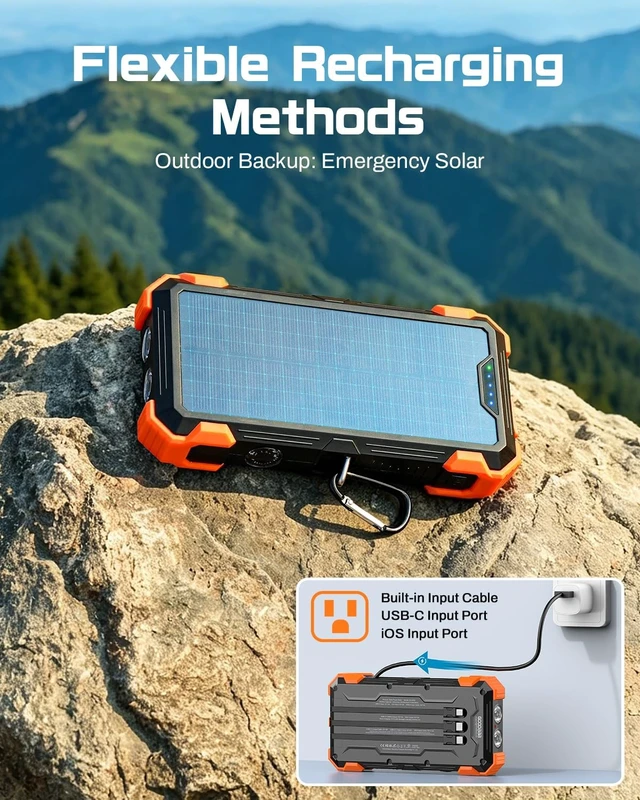 Alt view image 4 of 7 - Solar Power Bank 24000mAh, Portable Charger with 4 Built-in Cables