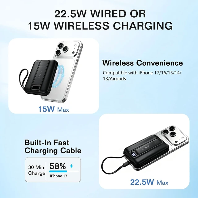 Alt view image 3 of 7 - Magnetic Power Bank 10000mAh, Fast Charger with Built-in USB-C Cable