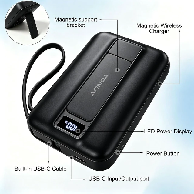 Alt view image 5 of 7 - Magnetic Power Bank 10000mAh, Fast Charger with Built-in USB-C Cable