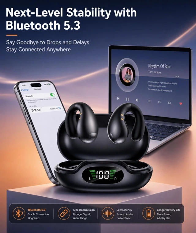 Alt view image 7 of 7 - Ultra Open Ear Earbuds - Comfort Clip On Earbuds, Wireless Bone Headphones Design for Long Listening, Fast Charging for Running, Sports, and Travel, Graphite Black