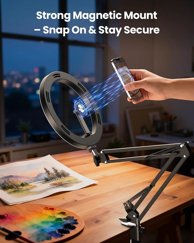 Alt view image 2 of 7 - Magnetic Ring Light Overhead Camera Phone Mount for Desk, 10 Selfie Light for iPhone with MagSafe-Compatible Phone Holder for Video Recording, Zoom Meeting, Live Streaming