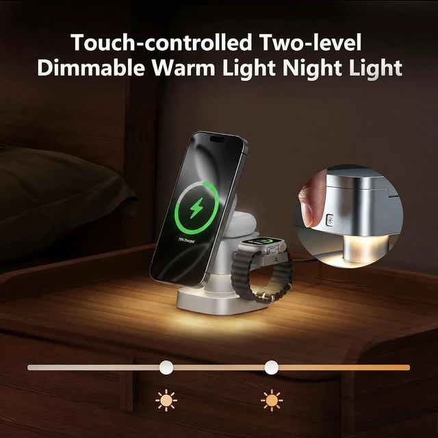 Alt view image 2 of 7 - 4 in 1 Charging Station for Devices, 3 in 1 Wireless Charger Stand with Night Light for iPhone 17/16/15/14/13/12 Pro Max, Watch AirPods, 15W MagSafe Magnetic Charging for Bedroom Office