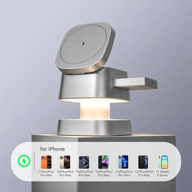 Alt view image 4 of 7 - 4 in 1 Charging Station for Devices, 3 in 1 Wireless Charger Stand with Night Light for iPhone 17/16/15/14/13/12 Pro Max, Watch AirPods, 15W MagSafe Magnetic Charging for Bedroom Office