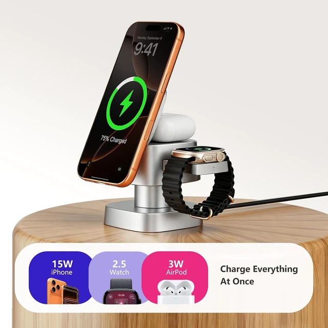Alt view image 3 of 7 - 4 in 1 Charging Station for Devices, 3 in 1 Wireless Charger Stand with Night Light for iPhone 17/16/15/14/13/12 Pro Max, Watch AirPods, 15W MagSafe Magnetic Charging for Bedroom Office