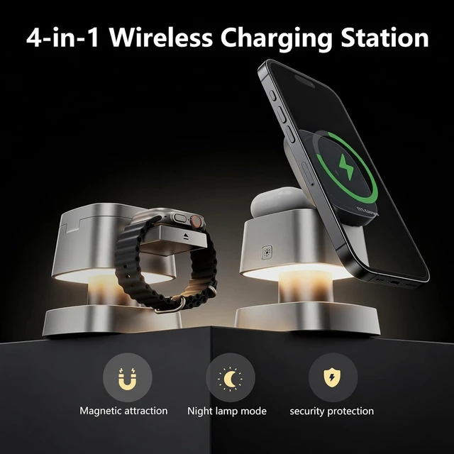 Alt view image 5 of 7 - 4 in 1 Charging Station for Devices, 3 in 1 Wireless Charger Stand with Night Light for iPhone 17/16/15/14/13/12 Pro Max, Watch AirPods, 15W MagSafe Magnetic Charging for Bedroom Office