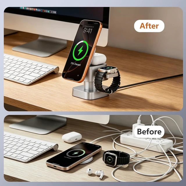 Alt view image 7 of 7 - 4 in 1 Charging Station for Devices, 3 in 1 Wireless Charger Stand with Night Light for iPhone 17/16/15/14/13/12 Pro Max, Watch AirPods, 15W MagSafe Magnetic Charging for Bedroom Office