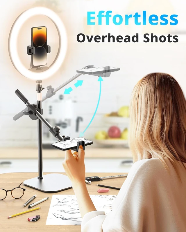 Alt view image 2 of 6 - 12" Desk Ring Light with Stand and Phone Holder, Overhead Phone Mount for Video Recording, Zoom Meeting, Live Streaming, Tiktok, YouTubeCompatible with iPhone, Android, Cameras