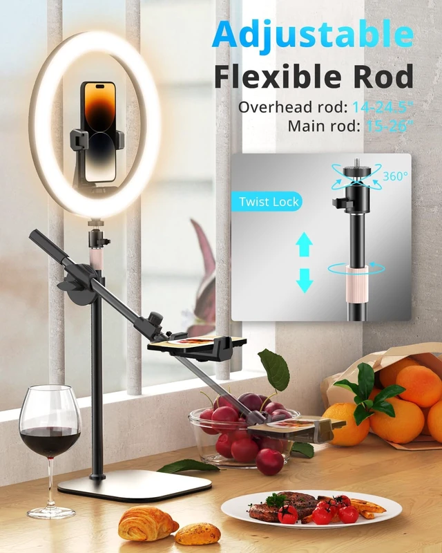 Alt view image 5 of 6 - 12" Desk Ring Light with Stand and Phone Holder, Overhead Phone Mount for Video Recording, Zoom Meeting, Live Streaming, Tiktok, YouTubeCompatible with iPhone, Android, Cameras