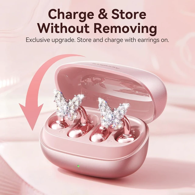 Alt view image 5 of 7 - Gen2 Clip-On Open Ear Earbuds with Sparkle Butterfly Earrings, Earrings-On Storage Case, Bluetooth 5.4 Wireless Headphones for Women, 40H Playtime, Comfortable Fit for Small Ears, Rose Gold
