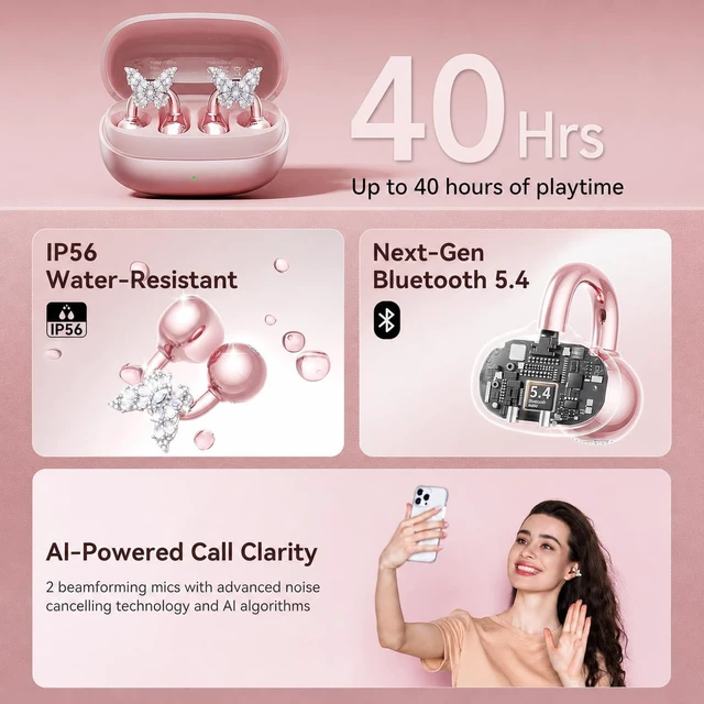 Alt view image 7 of 7 - Gen2 Clip-On Open Ear Earbuds with Sparkle Butterfly Earrings, Earrings-On Storage Case, Bluetooth 5.4 Wireless Headphones for Women, 40H Playtime, Comfortable Fit for Small Ears, Rose Gold