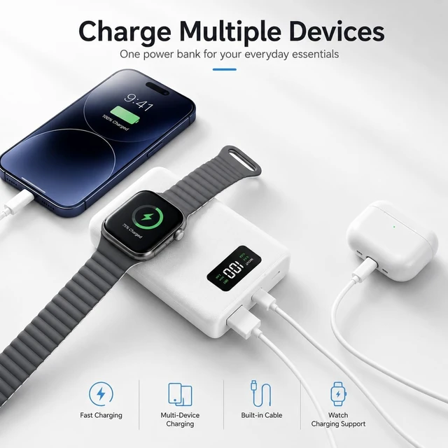 Alt view image 3 of 7 - 20000mAh Portable Charger with Watch Charger, 45W PD Power Bank