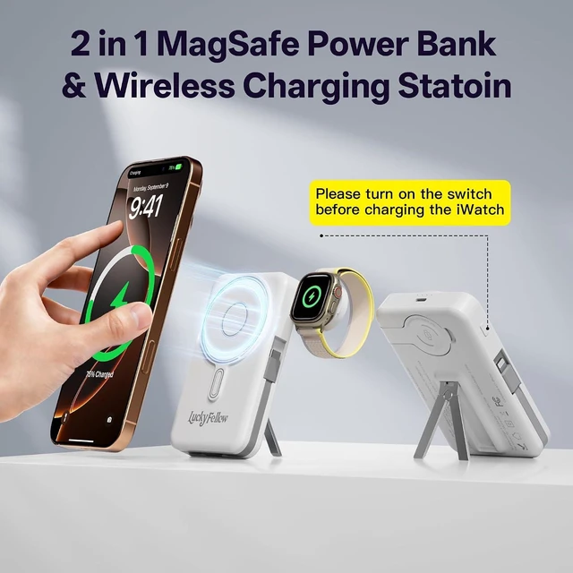 Alt view image 2 of 7 - Magnetic Portable Charger Built-in Cables,10000mAh Fast Charging Wireless Charger Station External Battery Pack Slim Pocket Size Power Bank with Stand Compatible with iWatch, iPhone