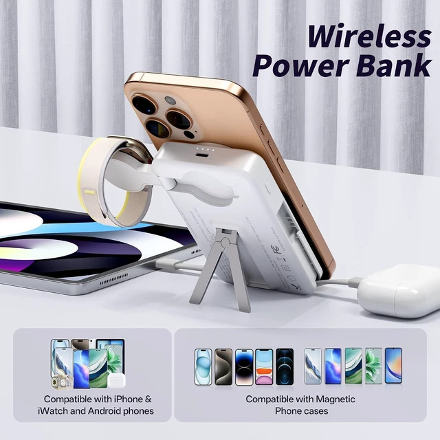 Alt view image 3 of 7 - Magnetic Portable Charger Built-in Cables,10000mAh Fast Charging Wireless Charger Station External Battery Pack Slim Pocket Size Power Bank with Stand Compatible with iWatch, iPhone