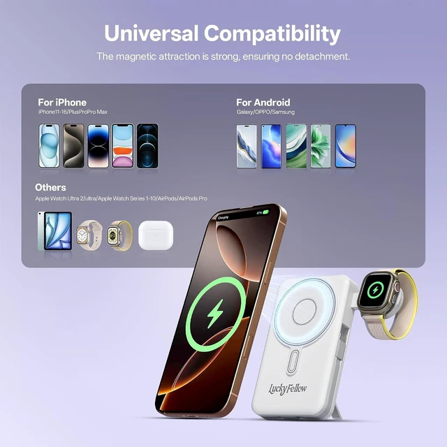 Alt view image 5 of 7 - Magnetic Portable Charger Built-in Cables,10000mAh Fast Charging Wireless Charger Station External Battery Pack Slim Pocket Size Power Bank with Stand Compatible with iWatch, iPhone