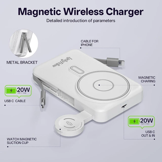 Alt view image 6 of 7 - Magnetic Portable Charger Built-in Cables,10000mAh Fast Charging Wireless Charger Station External Battery Pack Slim Pocket Size Power Bank with Stand Compatible with iWatch, iPhone