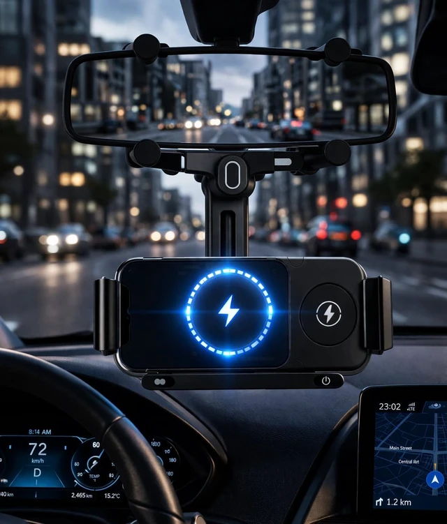 Alt view image 2 of 7 - Wireless Car Charger Mount, Auto-Clamping Phone Holder with Fast Charging Wireless Cell Phone Charging Car Mount for iPhone & Android (Rear Mirror Mount)