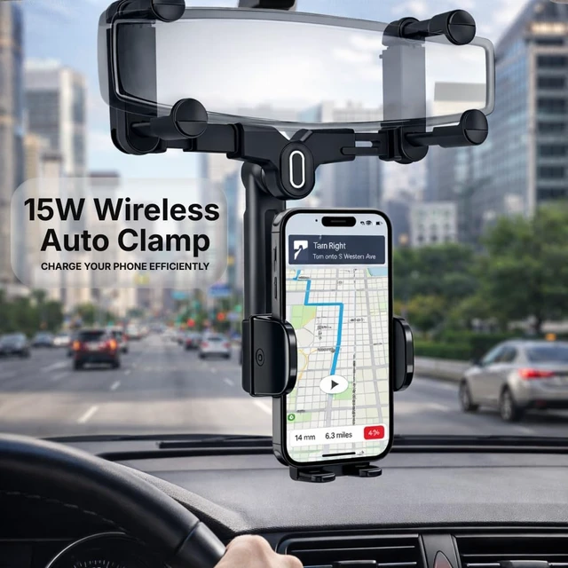 Alt view image 3 of 7 - Wireless Car Charger Mount, Auto-Clamping Phone Holder with Fast Charging Wireless Cell Phone Charging Car Mount for iPhone & Android (Rear Mirror Mount)