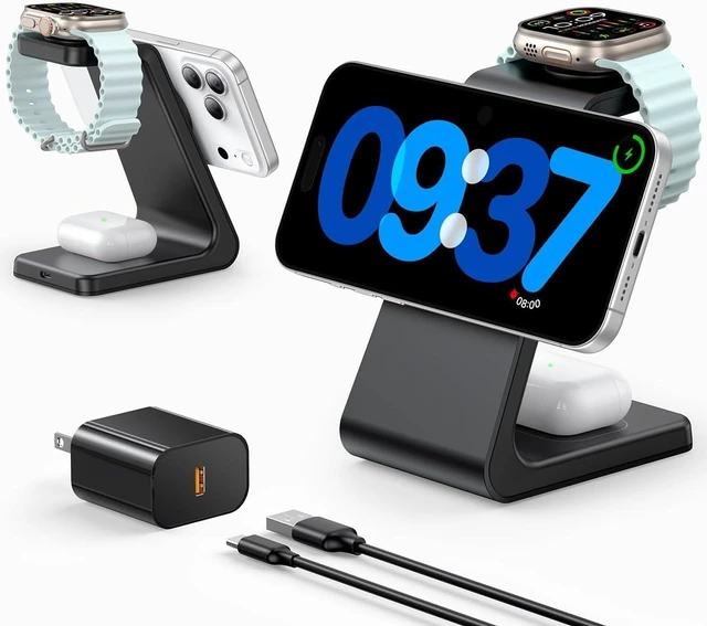 Main image of 3 in 1 Wireless Charging Station for Mag Safe Charger, 15W Fast Mag-Safe Charger Stand Compatible with iPhone 17 16 15 14 13 12, Watch Charger & Airpods, Gifts for Wife & Husband, Black