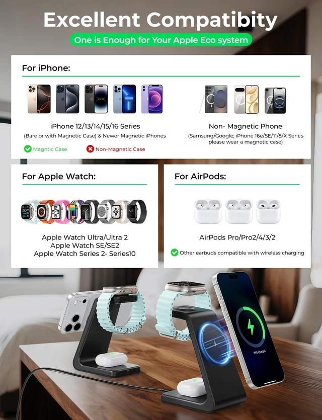 Alt view image 2 of 7 - 3 in 1 Wireless Charging Station for Mag Safe Charger, 15W Fast Mag-Safe Charger Stand Compatible with iPhone 17 16 15 14 13 12, Watch Charger & Airpods, Gifts for Wife & Husband, Black