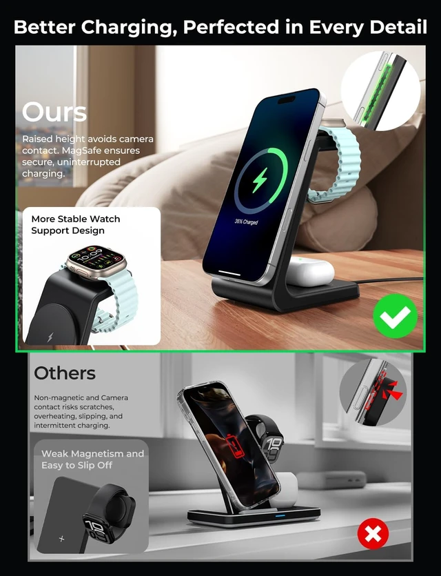 Alt view image 3 of 7 - 3 in 1 Wireless Charging Station for Mag Safe Charger, 15W Fast Mag-Safe Charger Stand Compatible with iPhone 17 16 15 14 13 12, Watch Charger & Airpods, Gifts for Wife & Husband, Black