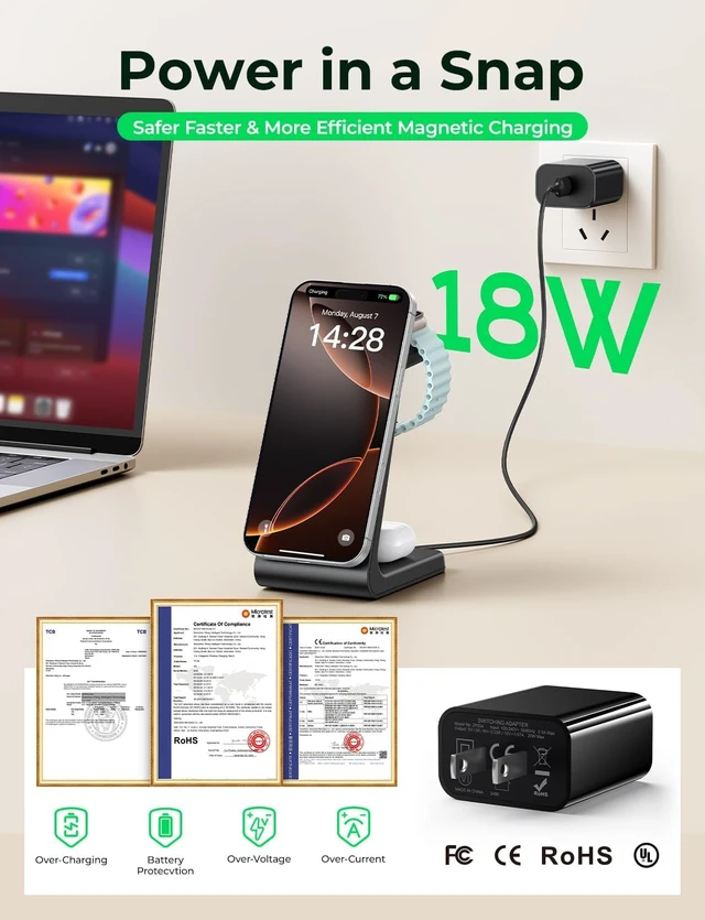 Alt view image 5 of 7 - 3 in 1 Wireless Charging Station for Mag Safe Charger, 15W Fast Mag-Safe Charger Stand Compatible with iPhone 17 16 15 14 13 12, Watch Charger & Airpods, Gifts for Wife & Husband, Black