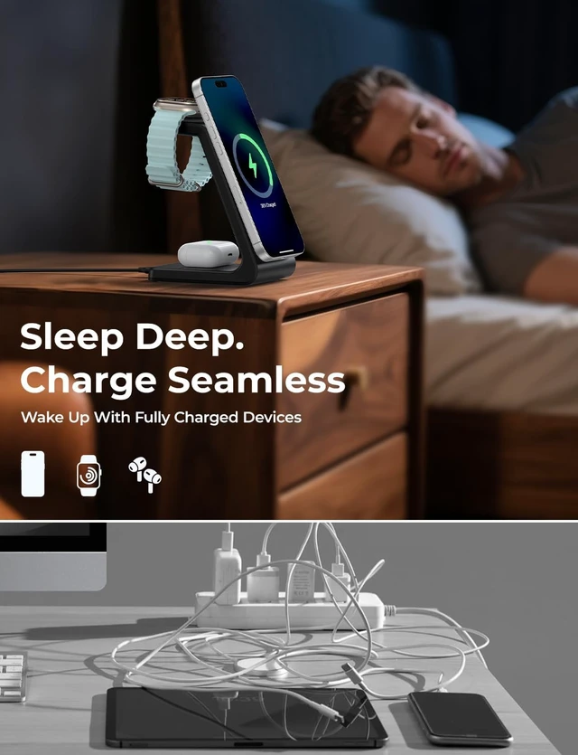 Alt view image 6 of 7 - 3 in 1 Wireless Charging Station for Mag Safe Charger, 15W Fast Mag-Safe Charger Stand Compatible with iPhone 17 16 15 14 13 12, Watch Charger & Airpods, Gifts for Wife & Husband, Black