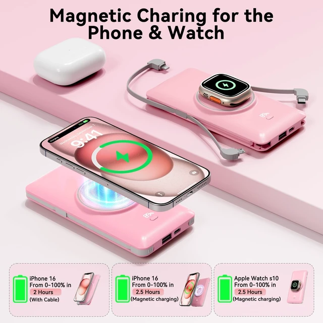 Alt view image 2 of 7 - Wireless Power Bank for Phones & Watch,10000mAh Fast Charging Slim Portable Charger Built-in Cables and AC Wall Plug, External Travel Battery Pack Compatible with iPhone/