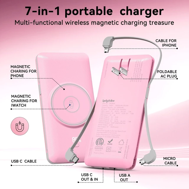 Alt view image 3 of 7 - Wireless Power Bank for Phones & Watch,10000mAh Fast Charging Slim Portable Charger Built-in Cables and AC Wall Plug, External Travel Battery Pack Compatible with iPhone/
