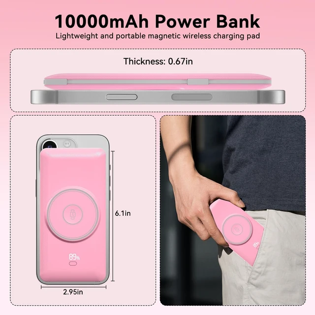 Alt view image 5 of 7 - Wireless Power Bank for Phones & Watch,10000mAh Fast Charging Slim Portable Charger Built-in Cables and AC Wall Plug, External Travel Battery Pack Compatible with iPhone/