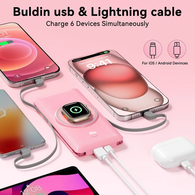 Alt view image 6 of 7 - Wireless Power Bank for Phones & Watch,10000mAh Fast Charging Slim Portable Charger Built-in Cables and AC Wall Plug, External Travel Battery Pack Compatible with iPhone/