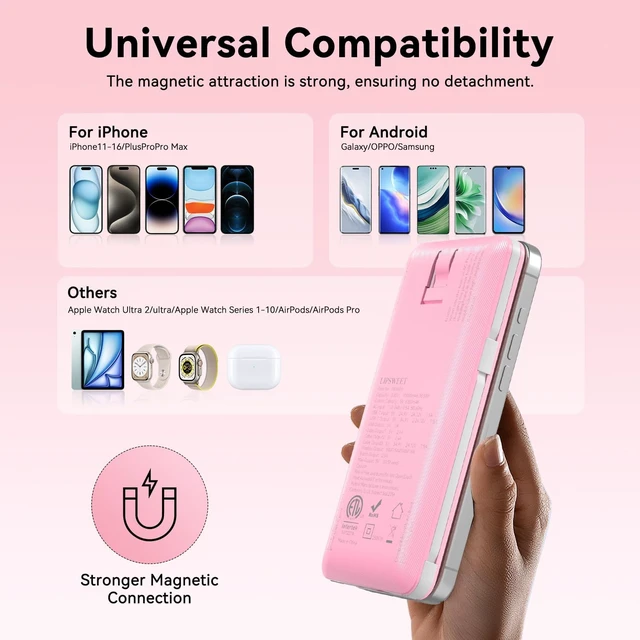 Alt view image 7 of 7 - Wireless Power Bank for Phones & Watch,10000mAh Fast Charging Slim Portable Charger Built-in Cables and AC Wall Plug, External Travel Battery Pack Compatible with iPhone/