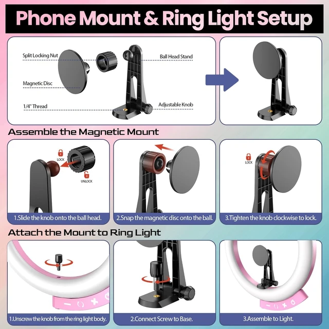 Alt view image 3 of 7 - 12'' LED Ring Light with 62'' Tripod Stand and Magnetic Phone Holder, Selfie Ring Light for Video Recording, Live Streaming, Compatible with iPhone & Android (Pink)
