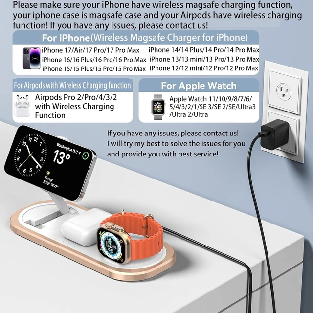 Alt view image 2 of 7 - 3 in 1 Fast Wireless Charger Stand for iPhone, Foldable Travel Charging Station for Magsafe for iPhone 17/Air/16/15/14/13/12 Series, Watch Series, AirPods pro/2/3/4, Gifts for Women Men (Golden)