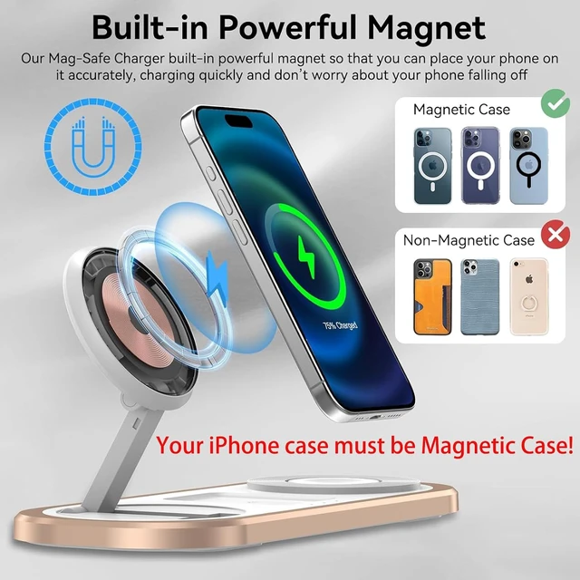 Alt view image 4 of 7 - 3 in 1 Fast Wireless Charger Stand for iPhone, Foldable Travel Charging Station for Magsafe for iPhone 17/Air/16/15/14/13/12 Series, Watch Series, AirPods pro/2/3/4, Gifts for Women Men (Golden)