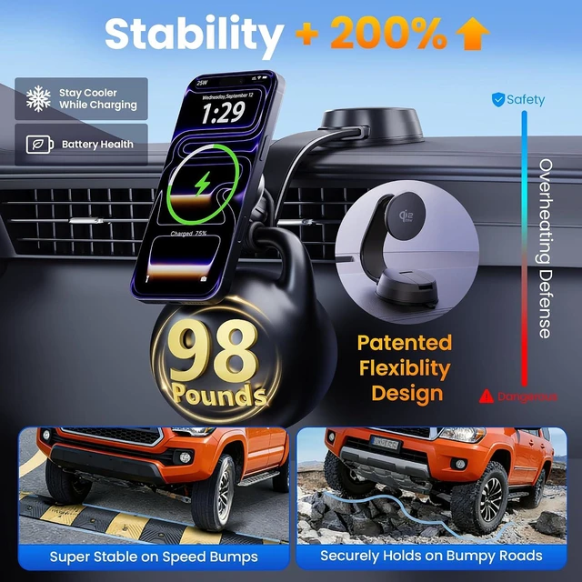 Alt view image 4 of 7 - Upgrade for Qi2.2 25W for MagSafe Wireless Car Charger Mount, Space Black