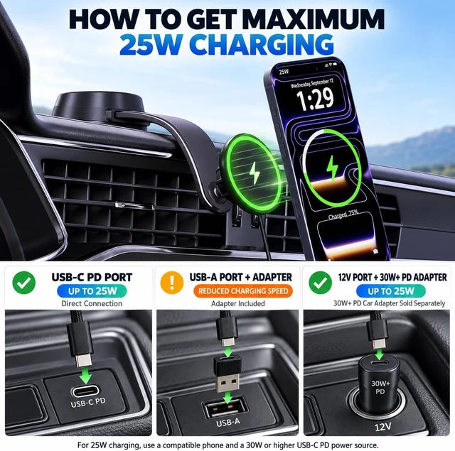 Alt view image 3 of 7 - Upgrade for Qi2.2 25W for MagSafe Wireless Car Charger Mount, Space Black